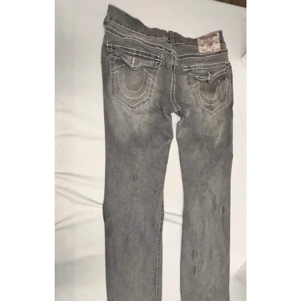 True Religion Jeans 34x32.5 Gray Ricky Flap Pocket Straight Leg Distressed READ